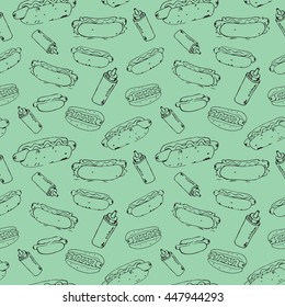 Hotdog hand drawn seamless pattern. Vector eps8 illustration.