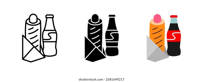 Hotdog-Symbol. Koksgetränk, Vektorgrafik. Fast Food und Soda-Symbol. Zeichen für Snacks und Mahlzeiten. Piktogramm für Erfrischung und Getränke.