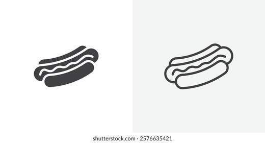 Hotdog icon set in black flat solid and outlined style.