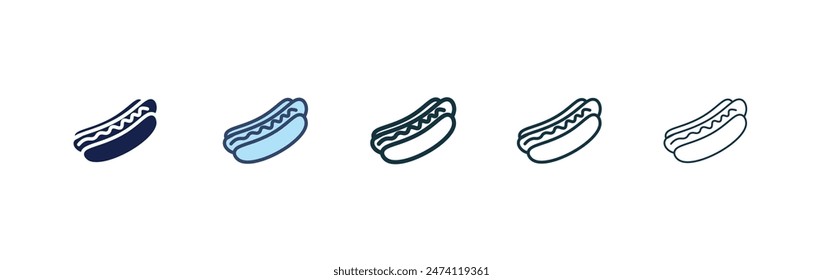 Hotdog-Icon-Set. Hotdog mit Würstchen-Mittagessen-Vektorgrafik-Symbol. American Picknick Hotdog Melden Sie sich an schwarz gefüllt und umrissen Stil.