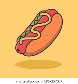 hotdog illustration design with grilled sausage topping and delicious mustard sauce. Isolated food design. Suitable for landing pages, stickers, book covers and icons