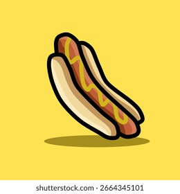Vetor de ilustração Hotdog com fundo amarelo, embalagem de alimentos, menu ilustração mão desenhado anúncios de impressão, negócio de alimentos, restaurante