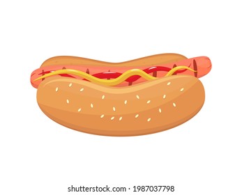Hotdog isolated. Modern fast food icon. Grilled thin long sausage. Mustard and ketchup on the sandwich. Sausage inside a bun with sesame seeds. Vector illustration, flat