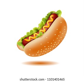 Hotdog Isolated on White Background, Lettuce Leaves, Sausage, Bun, Sesame Seeds, Mustard, Food Concept, Hand Drawn Vector 3D Illustration