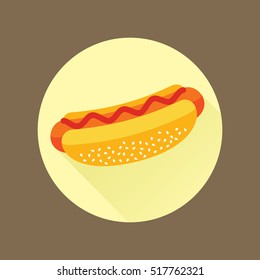 Hotdog with ketchup. Isolated flat icon in a circle. Fast food symbol for poster, menus, brochure and web. Vector eps8 illustration.