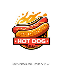 Hotdog logo Plantilla de Ilustración vectorial con fondo blanco, delicioso, fuego caliente