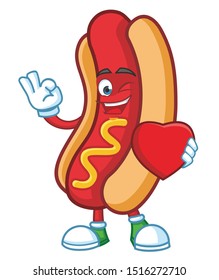hotdog with love symbol cartoon mascot character design vector