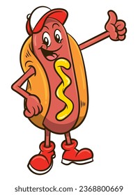 Hotdog mascot cartoon character wearing a cap and do thumb up gesture. Best for mascot, sticker, and logo with street food themes for kids