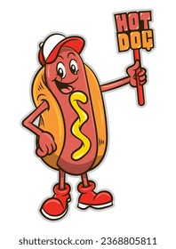 Hotdog mascot cartoon character wearing a cap and carrying a banner board with "hotdog" text. Best for mascot, sticker, and logo with street food themes for kids