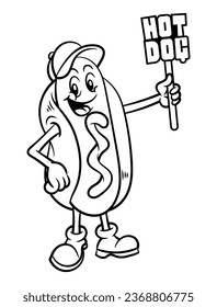 Hot Dog Mascot Cartoon Charakter mit einer Kappe und einem Banner-Board mit "hot dog" Text. Das Beste für die Färbung von Buch, Umriss und Logo mit Straßennahrungsthemen für Kinder