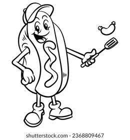 Hotdog mascot cartoon character wearing a cap and cooking sausage with spatula. Best for outline, logo, and coloring book with street food themes for kids