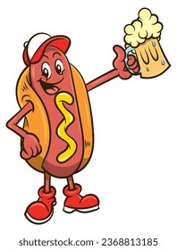 Hotdog mascot cartoon character wearing a cap and carrying a mug of beer to celebrate. Best for mascot, sticker, and logo with street food themes