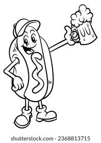 Hotdog mascot cartoon character wearing a cap and carrying a mug of beer to celebrate. Best for outline, logo, and coloring book with street food themes