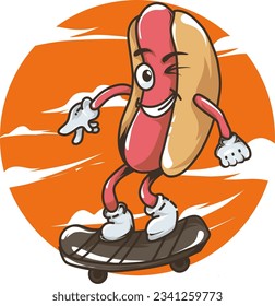 hotdog mascot cartoon illustration playing skateboard