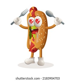 Hotdog mascot design holding spoon and fork. Hotdog cartoon mascot character design. Delicious food with vegetables and sauce. Cute mascot vector illustration.eps