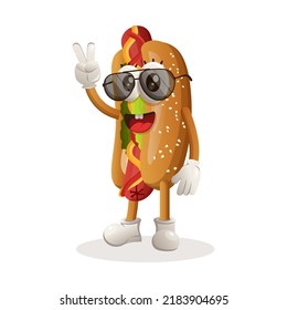 Hotdog mascot design with peace hand, wearing sunglasses. Hotdog cartoon mascot character design. Delicious food with vegetables and sauce. Cute mascot vector illustration.eps