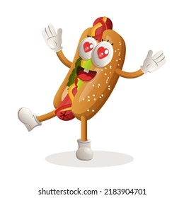 Hotdog mascot design playful and happy. Hotdog cartoon mascot character design. Delicious food with vegetables and sauce. Cute mascot vector illustration.eps