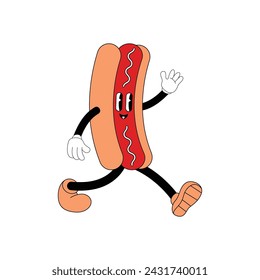 Hotdog mascot in retro cartoon style.