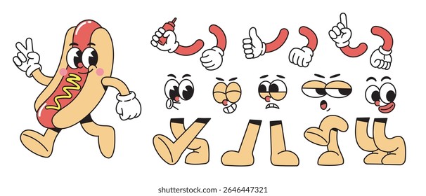 mascote de cachorro-quente com olhos, mãos e pés definidos. coleção de desenhos animados de personagem de salsicha