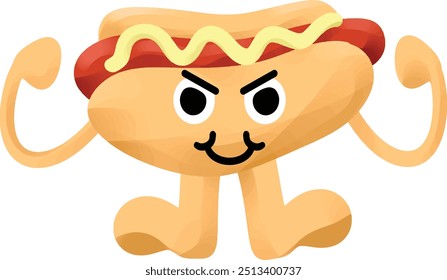 hotdog mascot with strong gesture and happy expressions 