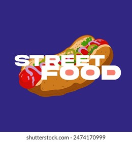 Hotdog modern poster for print. Vector street fast food icon. Cartoon food illustration. Vector advertising poster Hot Dog