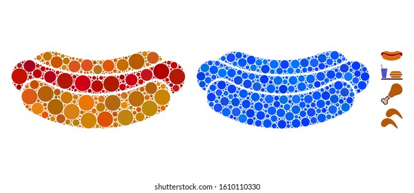 Hotdog mosaic of round dots in different sizes and color tones, based on hotdog icon. Vector round dots are combined into blue mosaic. Dotted hotdog icon in usual and blue versions.