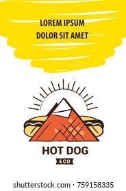 Hotdog with mustard packing in serviette. Concept logo. Delicious american food. Sketch vector illustration.Template design for menu cafe and fast food restaurant. 
