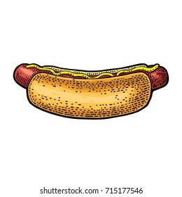 Hotdog with mustard. Side view. Vector color vintage engraving illustration for poster, menu, web. Isolated on white background.