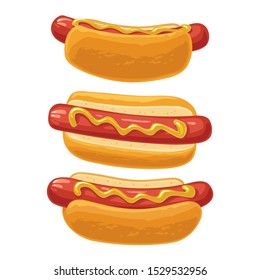 Hotdog with mustard. Top and side view. Vector color flat illustration for poster, menus, web. Icon isolated on white background.