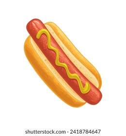 Hotdog with mustard. Top view. Vector color realistic illustration for poster, menus, brochure, web. Icon isolated on white background.