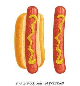 Heisser Hund mit Senf. Draufsicht. Vektorfarbige realistische Illustration für Poster, Menüs, Broschüren, Web. Symbol einzeln auf weißem Hintergrund.