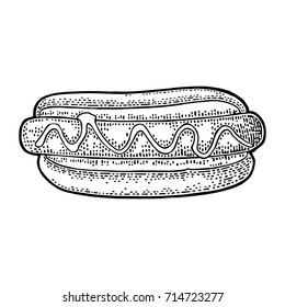 Hotdog with mustard. Top view. Vector black vintage engraving illustration for poster, menu, web. Isolated on white background.