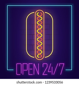 Hotdog neon sign with text OPEN 24/7 on brick wall background. Light banner. Vector illustration
