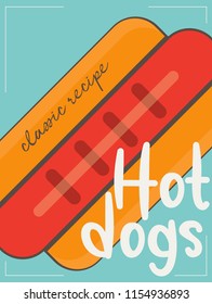 Hotdog on Blue Background in Flat Design for Poster, Label and Menu Cafe Fast Food. Hot Dog Card. Vector Illustration. 
