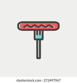 Hotdog on the fork icon thin line for web and mobile, modern minimalistic flat design. Vector icon with dark grey outline and offset colour on light grey background.