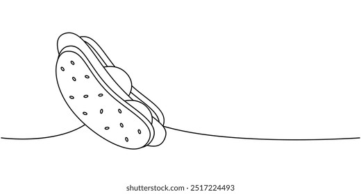 Hot-Dog einzeilige kontinuierliche Zeichnung. Snack zum Mitnehmen. Lineare Vektorgrafik.