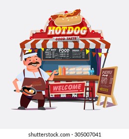 hot-dog outdoor cart with seller. chef character desgin - vector illustration