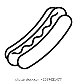 Hotdog outline icon, a classic hot dog with mustard.  Ideal for projects related to delis, cafe, restaurants, diners, or food-related apps.