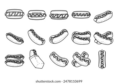 Hotdog Outline Illustration Vektorgrafik Set. Kollektion von Hotdog 