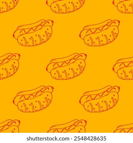 Fondo de patrón de hotdog. Descargar el fondo de pantalla Hot Dog Street Food Pattern. Fondo plano de la ilustración del perro caliente.