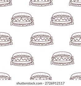 Plano de fundo do padrão Hotdog. Padrão contínuo de fundo de cachorro-quente desenhado à mão. Plano de fundo de padrão de cachorro-quente de rabiscar. Ilustração do ícone do cachorro-quente. Vetor de fundo de contorno de cachorro-quente.