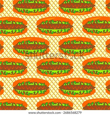 Hotdog pattern background. Seamless pattern of hot dog isolated on waffle background. Hand drawn of colorful hot dog vector. Set of hotdog pattern. Fast food vector. Fast food illustration.