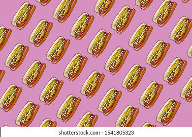 Hotdog pattern. Hand drawn hotdog illustration. Great for poster, card or restaurant.