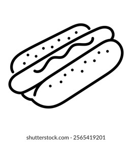 Hotdog, representing street food, fast meals, and casual dining round line vector icon with editable stroke 