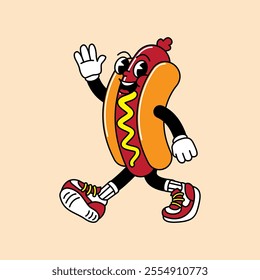 Hotdog retro mascot with hand and foot. Hotdog, sausage, and Fast Food Retro vintage mascot cartoon stickers with funny comic characters and gloved hands.