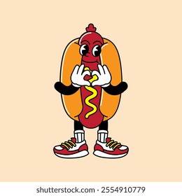 Hotdog retro mascot with hand and foot. Hotdog, sausage, and Fast Food Retro vintage mascot cartoon stickers with funny comic characters and gloved hands.