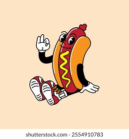 Hotdog retro mascot with hand and foot. Hotdog, sausage, and Fast Food Retro vintage mascot cartoon stickers with funny comic characters and gloved hands.