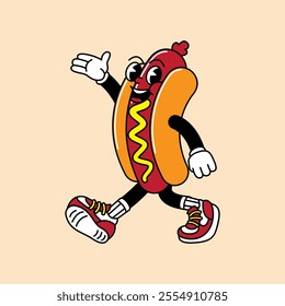 Hotdog retro mascot with hand and foot. Hotdog, sausage, and Fast Food Retro vintage mascot cartoon stickers with funny comic characters and gloved hands.