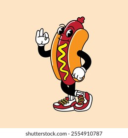 Hotdog retro mascot with hand and foot. Hotdog, sausage, and Fast Food Retro vintage mascot cartoon stickers with funny comic characters and gloved hands.