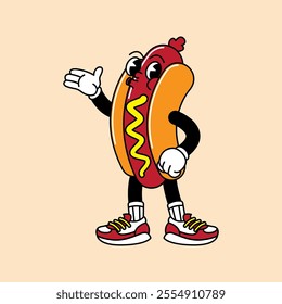 Hotdog retro mascot with hand and foot. Hotdog, sausage, and Fast Food Retro vintage mascot cartoon stickers with funny comic characters and gloved hands.